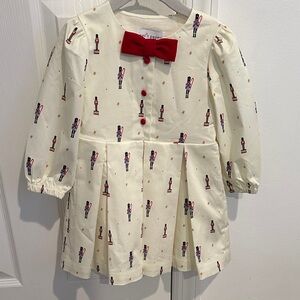 Nutcracker Print Kids Dress with Red Velvet Bow